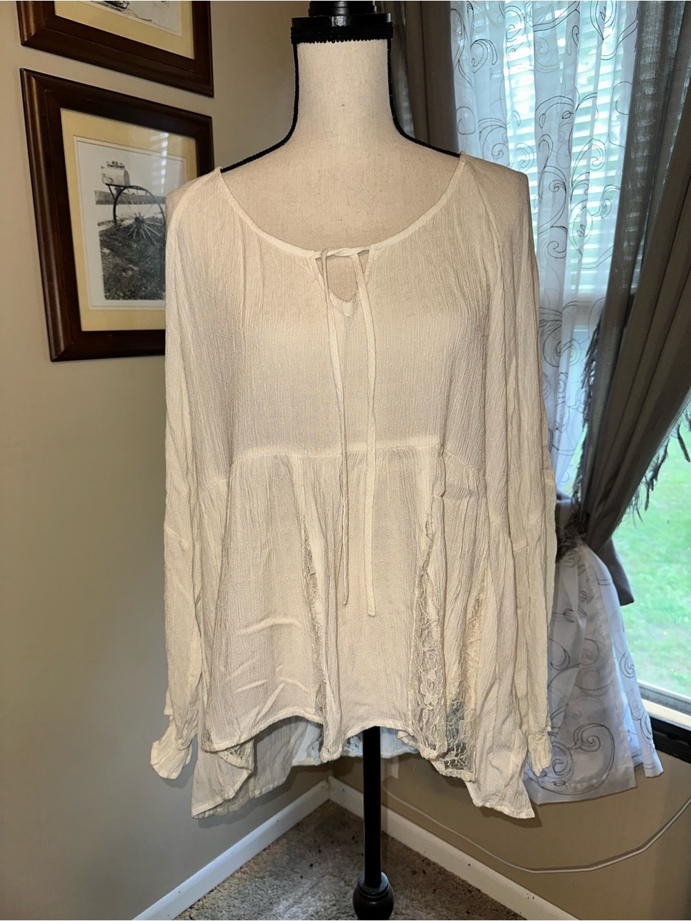 American Eagle Outfitters Cream Tie-Neck Peasant Tunic